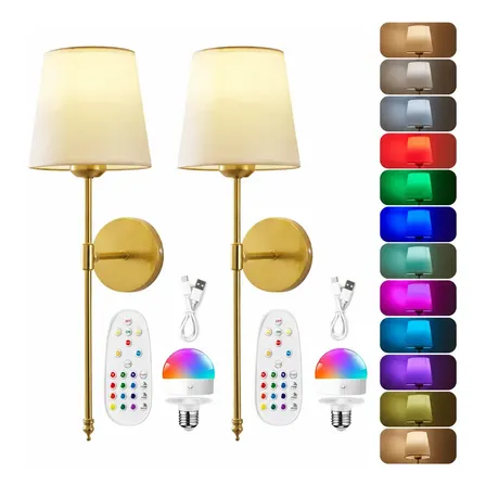 Arandela LED sem fio recarregável, Kit 2, Arandelas sem Fio Douradas, arandela dimerizável, arandela moderna, Duas Luminárias LED para Parede com Controle Remoto RGB Tieesa