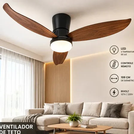 Ventilador de Teto 106cm LED 3 Cores Controle Remoto Bivolt Preto + acabamento amadeirado