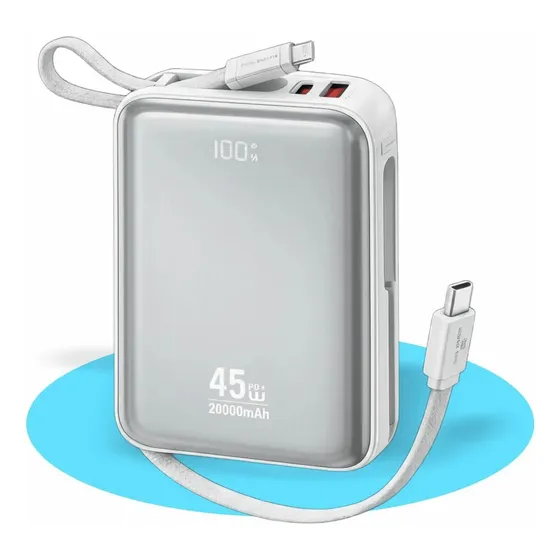 Power Bank Portátil Turbo 45W 20000mAh com Cabo para iPhone e Samsung