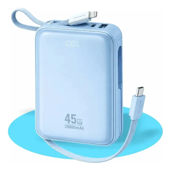 Carregador Portátil Turbo 45w Power Bank 20000mah Rápido 2 Saídas Cabo Embutido Tipo C E iPhone Para Notebook Até 45w iPhone Samsung Xiaomi Motorola Tablet Smartwatch Azul