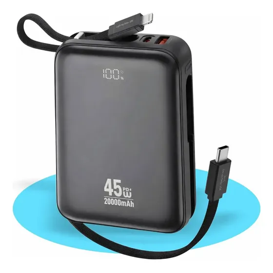 Carregador Portátil Turbo 45w Power Bank 20000mAh Rápido 2 Saídas Cabo Embutido Tipo C e iPhone Para Notebook Até 45w iPhone Samsung Xiaomi Motorola Tablet Smartwatch Preto