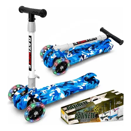 Patinete Infantil Meninos Camuflado Azul 45kg Luzes 3 Rodas