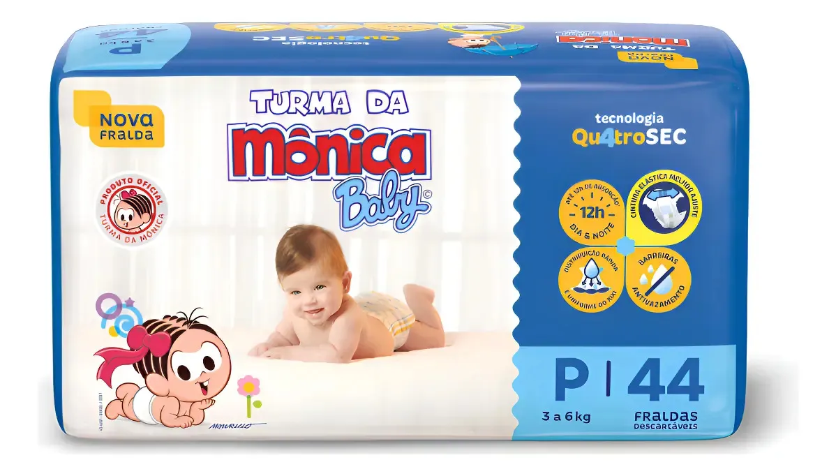 Fralda Descartável Infantil Turma da Mônica Baby P Pacote 44 Unidades