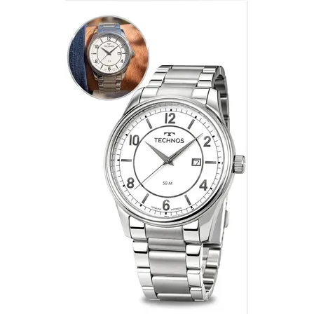 Relogio Masculino Technos Prata 2115UCJ/1B Esportivo Confortável Aço Inoxidável Prova D'água 50M