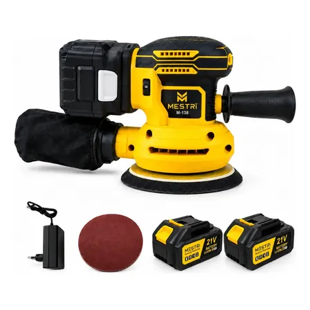 Lixadeira Orbital Sem Fio 125mm 6000 A 12000rpm 2 Baterias 21v Mestri M138 Amarelo 60hz 127/220v