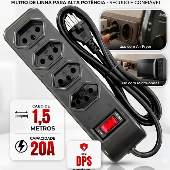 Filtro De Linha Profissional Protetor Elétrico 4 Tomadas 20a Cabo 1,5 Metros Bivolt Micro-ondas Air Fry Cafeteria Preto