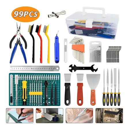 Kits 99 Peças De Ferramentas Completo Manual De Impressão 3d Acabamento Alicate Corte Agulha Cânula Inox De Limpeza 0.25mm 0,4mm Acabamento Para Bico Hotend 10 Estilete Espatula Combinado Cinza Preto
