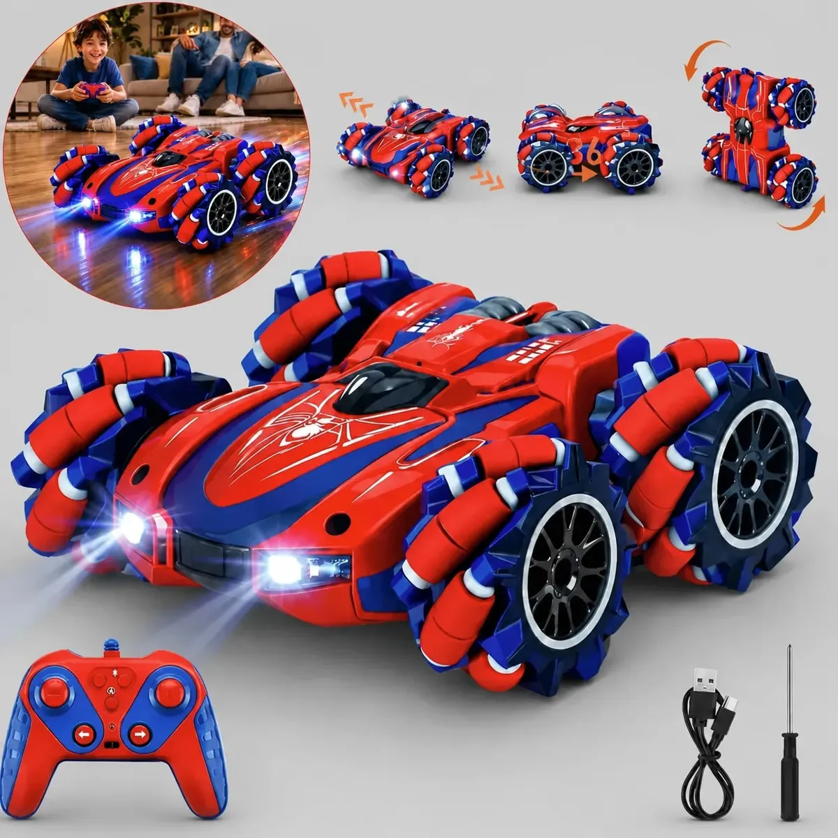 Carrinho Controle Remoto Aranha Drift 360o Recarregável Led Vermelho Spider Men