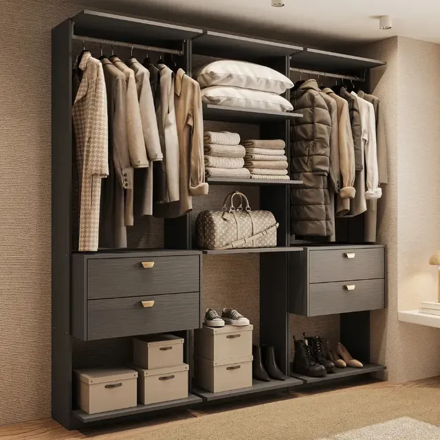 Guarda-roupas Closet Modulado Alasca 180cm 3 Peças Com 4 Gavetas Laterais E Cabideiros Preto Touch Carraro
