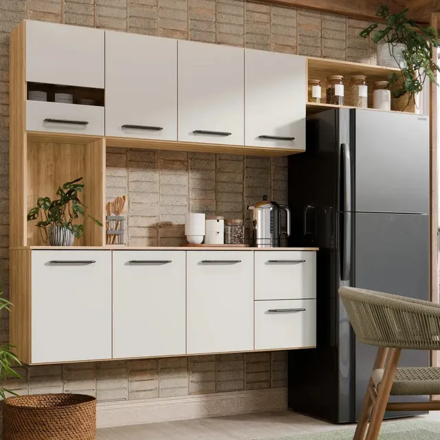 Armário de Cozinha Completa Aéreo 7 Portas e 2 Gavetas Planejada Suspenso Branco Off White Carvalho Nature Amadeirado Juliana