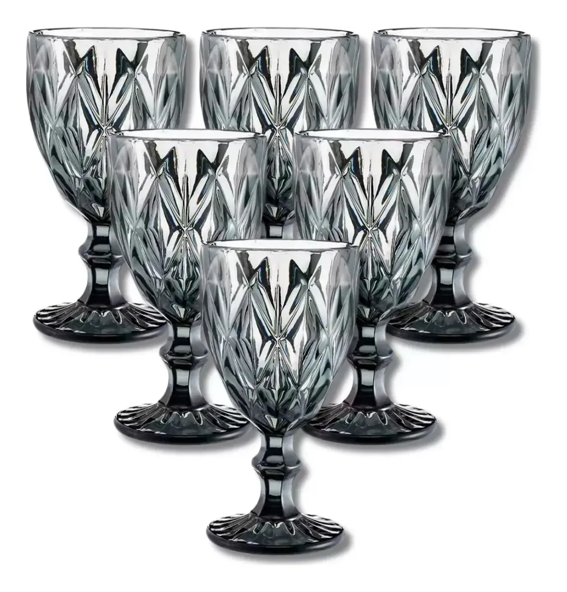 Jogo 6 Taças De Vidro Cristal Copo Diamond Luxo Elegante Grafite Fumê
