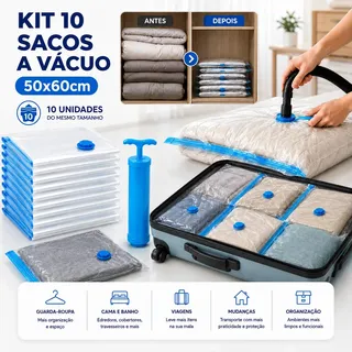 Sacos a Vácuo Kit Com 10 50x60 cm com Bomba Manual para Roupas, Edredom, Mala e Organização Nurius