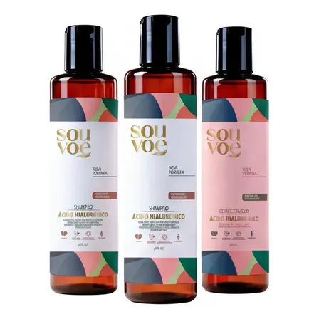 Kit 2 Shampoos E Condicionador Ácido Hialurônico - Hidratação Profunda Reparação Capilar Vegano Ph Balanceado Cabelos Macios Brilho Intenso Uso Diário Sou Voe