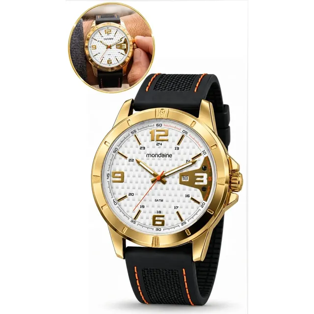 Relógio De Pulso Mondaine Com Corria De Silicone Cor Preto - Fondo Branco - Bisel Dourado