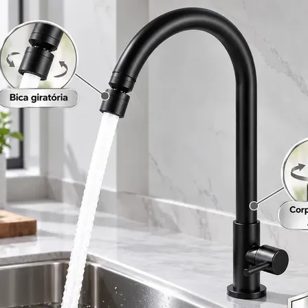 Torneira para Cozinha Inox Preta Fosca de Bancada Água Fria Bica Alta e Corpo Giratórios