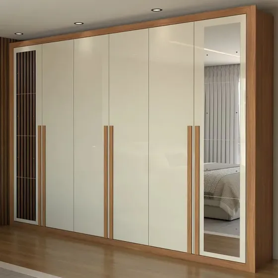 Guarda-roupa Casal Aura 6 Portas 6 Gavetas Com Espelho Cinam Bege
