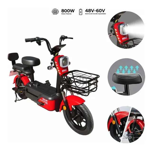 Bicicleta Elétrica 1994 Com Bateria De Lítio De 800w 48-60v 21ah Bateria De Removível E Pneu 14 Subida De 25° Alarme Amortecedores Dianteiros E Traseiros Assistência Ao Pedal Cesto Frontal Vermelho