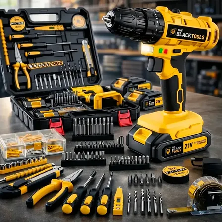 Furadeira E Parafusadeira De Impacto 2 Baterias 21v 3/8 Tb-21pz Com Jogo De Ferramentas Maleta 134 Peças The Black Tools