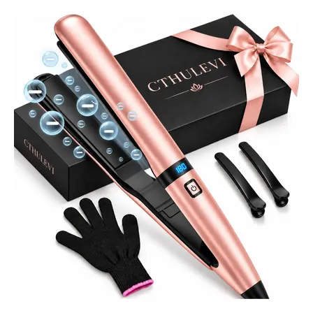 Chapinha Profissional 2 em 1 Prancha de Cabelo para Progressiva Bivolt 230°C Cerâmica com Íons Negativos Display LED Aquecimento Alisadora Rápido 15S Cabo 360° Rosa com Luva e Acessórios Viagem