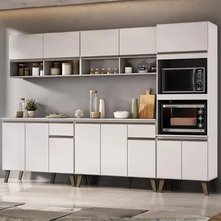 Armário De Cozinha Completa Modulada 270cm Com Armário E Balcão Atlanta Total Carraro Branca