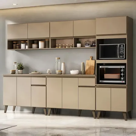Armário De Cozinha Completa Modulada 270cm Com Armário E Balcão Atlanta Total Carraro Amêndoa