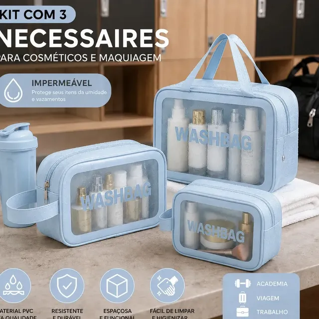 Kit 3 Necessaire Estojo De Toalete Organizador De Malas Kit Maternidade Cosméticos Shampoo Impermeável Ideal Para Áreas... Lisa Azul-claro