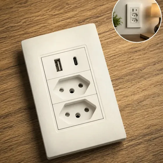 Tomada Dupla Usb Usbc Eletro Mex Espelho Parede Universal 10A Usb + USB-C 4x2 ABS Embutir Branco