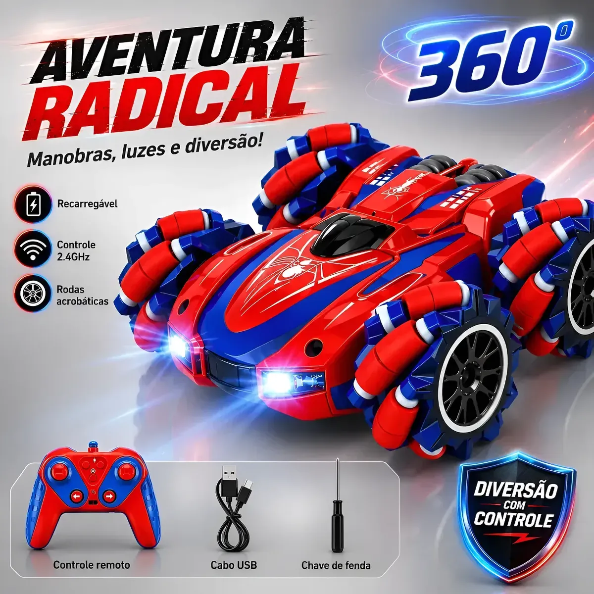 Carrinho Controle Remoto Recarregável Gira 360o Homem Aranha Vermelho/azul Homem Aranha