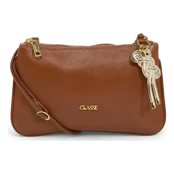 Bolsa Transversal Classe em Couro Nocciola Para Mulheres Com Alça Regulável