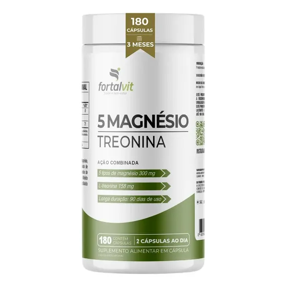 5 Magnésio Treonato (5Mag + L-Treonina) 180 Cápsulas, 3 Meses de Uso, Longa Duração, Alto Teor Treonina + 5 tipos de Magnésio, Fortalvit