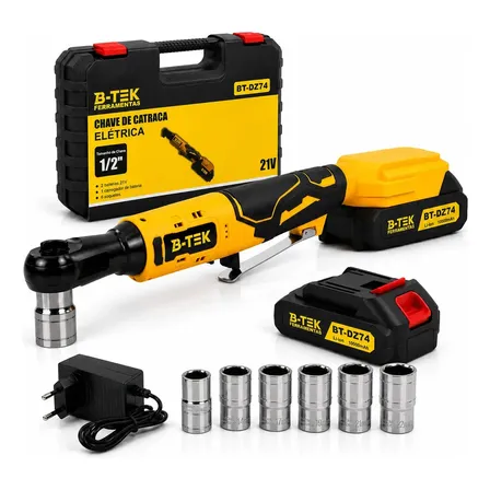 Chave De Catraca Elétrica 1/2 Portátil 21v 2 Baterias 110/220v Bivolt Kit Completo + Soquetes Profissional B-Tek Ferramentas Pro