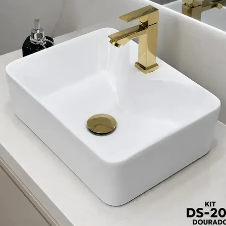 Kit Completo De Cuba Pia Apoio 30x40 Branca Louça Banheiro Lavabo Com Brinde De Válvula Click Dourada + Torneira Lavatório Dourada Bica Baixa Metal Grátis Quadrada Acompanha Itens De Graça
