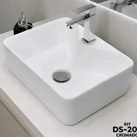 Kit Completo De Cuba Pia Apoio 30x40 Branca Louça Banheiro Lavabo Com Brinde De Válvula Click Cromada + Torneira Lavatório Cromada Bica Baixa Metal Grátis Quadrada Acompanha Itens De Graça