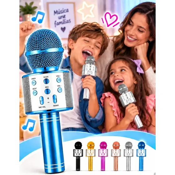 Microfone Infantil Bluetooth S/ Fio Karaoke Que Muda A Voz Azul