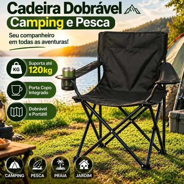 Cadeira Dobrável Kingdom Preta Com Porta-Copos e Bolsa de Transporte Para Praia e Camping