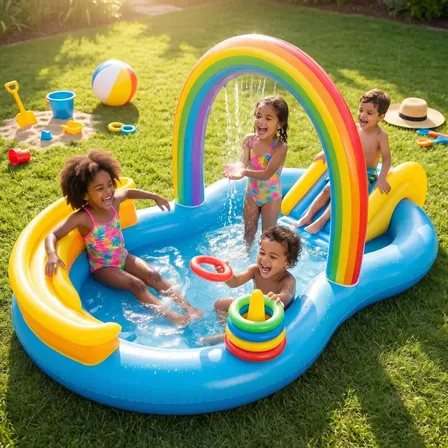 Piscina Infantil Inflável Com Escorregador E Arco-íris Azul-celeste