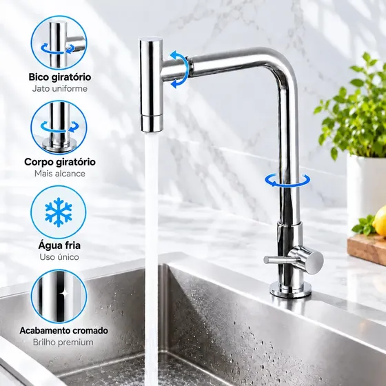 Torneira Cozinha de Bancada Inox Cromada Água Fria Bica Alta Bico Articulável com Arejador