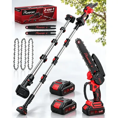 Motosserra Sem Fio Runport De 8 Com Haste Extensível De 2.4m E 2 Baterias Vermelho-2 127/220v