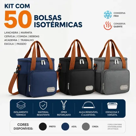 Kit 50 Bolsas Térmicas Lancheira Dobrável de 12 L, com Alça e Isolamento