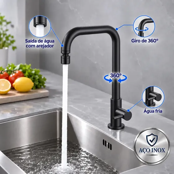Torneira para Cozinha Inox Preta Água Fria com Arejador Bica Alta Móvel Corpo Giratório