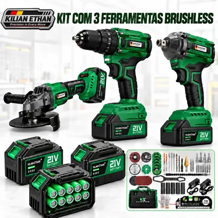 Kit De Ferramentas: Furadeira De Impacto, Chave De Impacto 1/2 E Esmerilhadeira Brushless Com 3 Baterias E 2 Carregadores Kilian Ethan