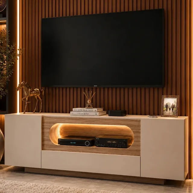 Rack Tv Off White Com Nicho Curvo Com Led Amadeirado Design Moderno Elegante Sala Home Off White/lamina
