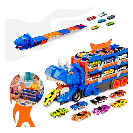 Caminhão Dinossauro Pista Corrida Com 6 Carrinhos Maleta Transporte Brinquedo Miniatura