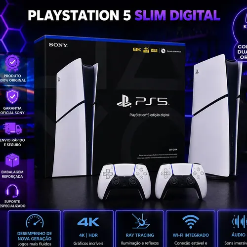 Playstation 5 Slim Digital 825gb Branco Novo Cfi-2114 2 Controles Dualsense Originais Sony Ps5 Lacrado Console Completo Ssd Ultra Rápido 4k Ray Tracing Wifi Bluetooth