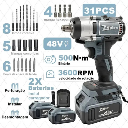 Chave De Impacto Profissional 2 Baterias 1/2 Motor Brushless 500 Nm 3600 Rpm Bivolt Maleta E Acessórios Alta Potência Motor Sem Escovas Azul-petróleo 127/220v 50hz/60hz