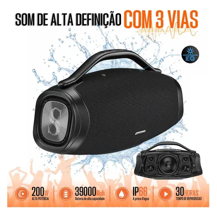 Caixa De Som Boombox sabala Bluetooth 5.4 Portátil potente dr909 200w Estéreo 39000mah App 20khz Tws Ipx66 Preto