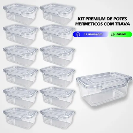 Kit 12 Marmitas 800ml Potes Trava lateral freezer microondas transparente