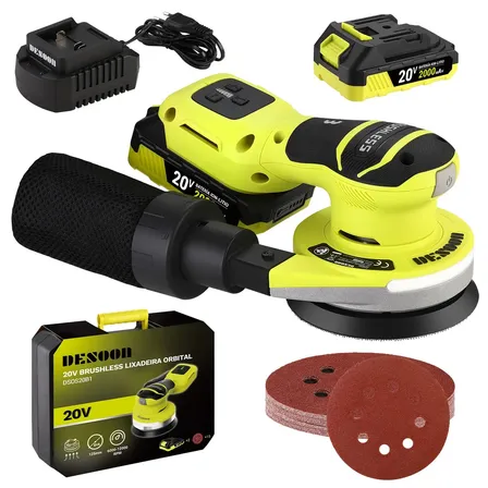 Lixadeira Roto Orbital 20v Brushless Sem Fio Alerta De Pressão E Luz Led Kit Com 2 Baterias Coletor E 15 Lixas Desoon 127/220v Verde-claro