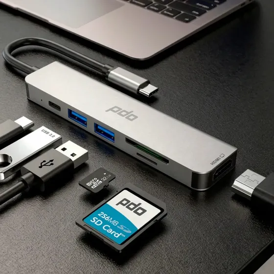 Hub USB-C 6 em 1 PDO com HDMI 4K e 3 Portas USB para Notebook, MacBook e iPad