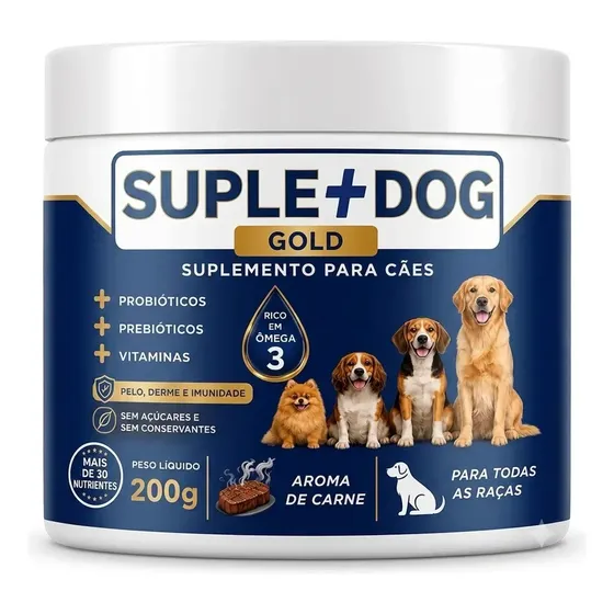 Suplemento para Cães Pele e Pelagem Queda de Pelos Ômega 3 Biotina Probióticos Suplemais Dog Gold 200g